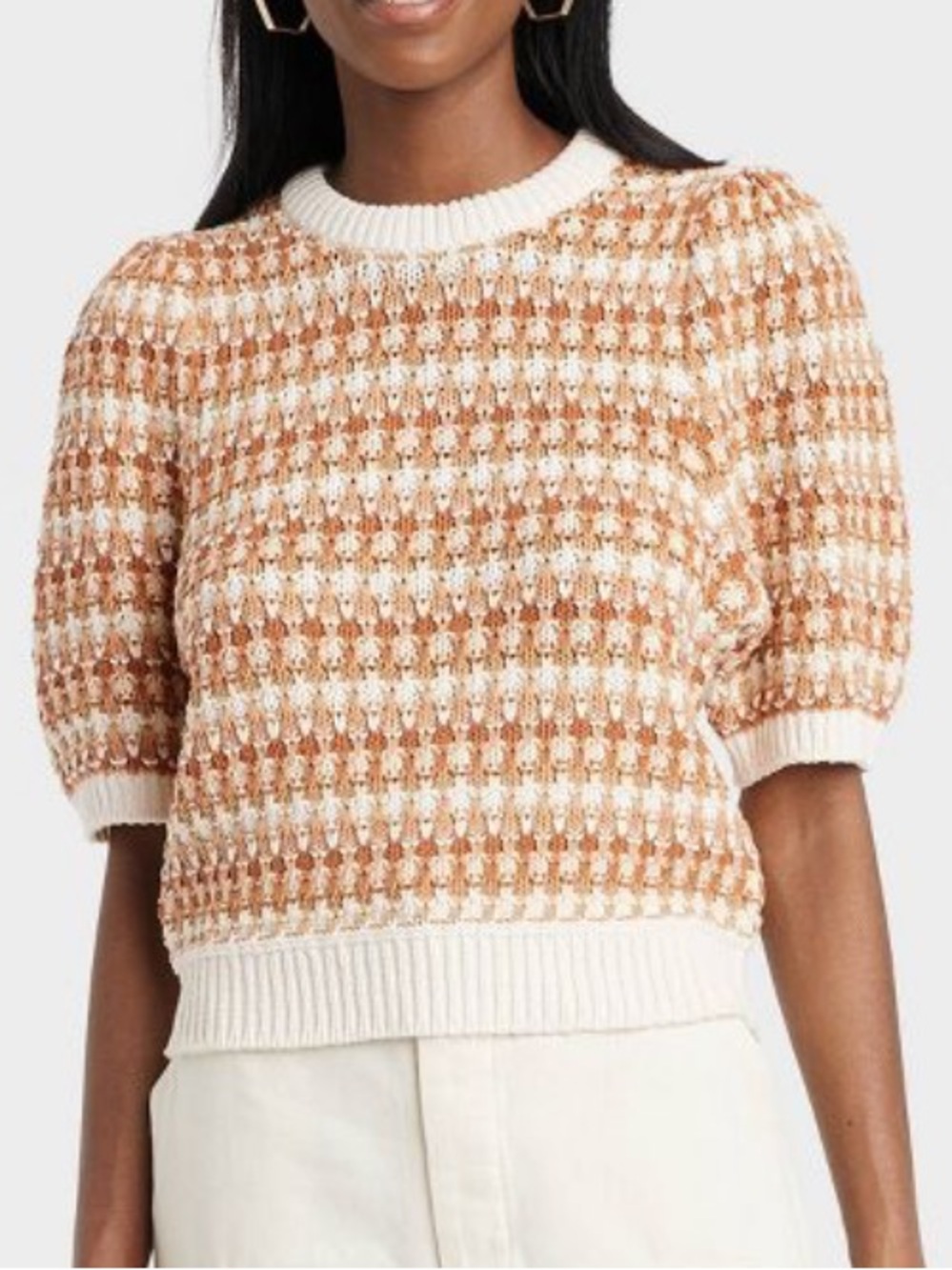 Universal Thread Cream and Tan Puff Elbow-Sleeve Crewneck Sweater